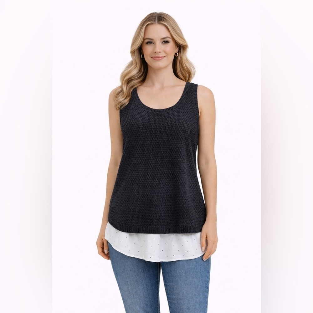 LOFT Black Sleeveless Knit Top Mixed Media Polka Dot Layered Hem M